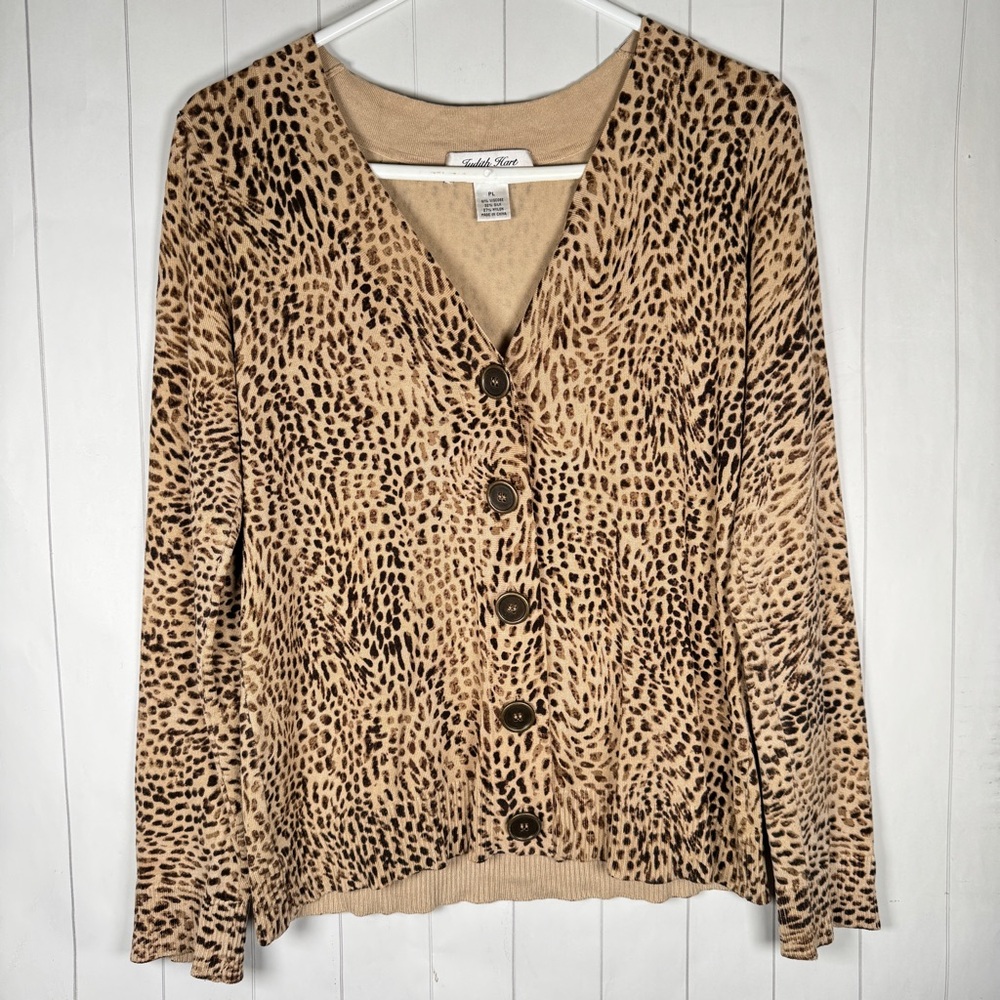 Judith Hart Silk Blend Leopard Print Button Cardigan Light Sweater Top Petite PL